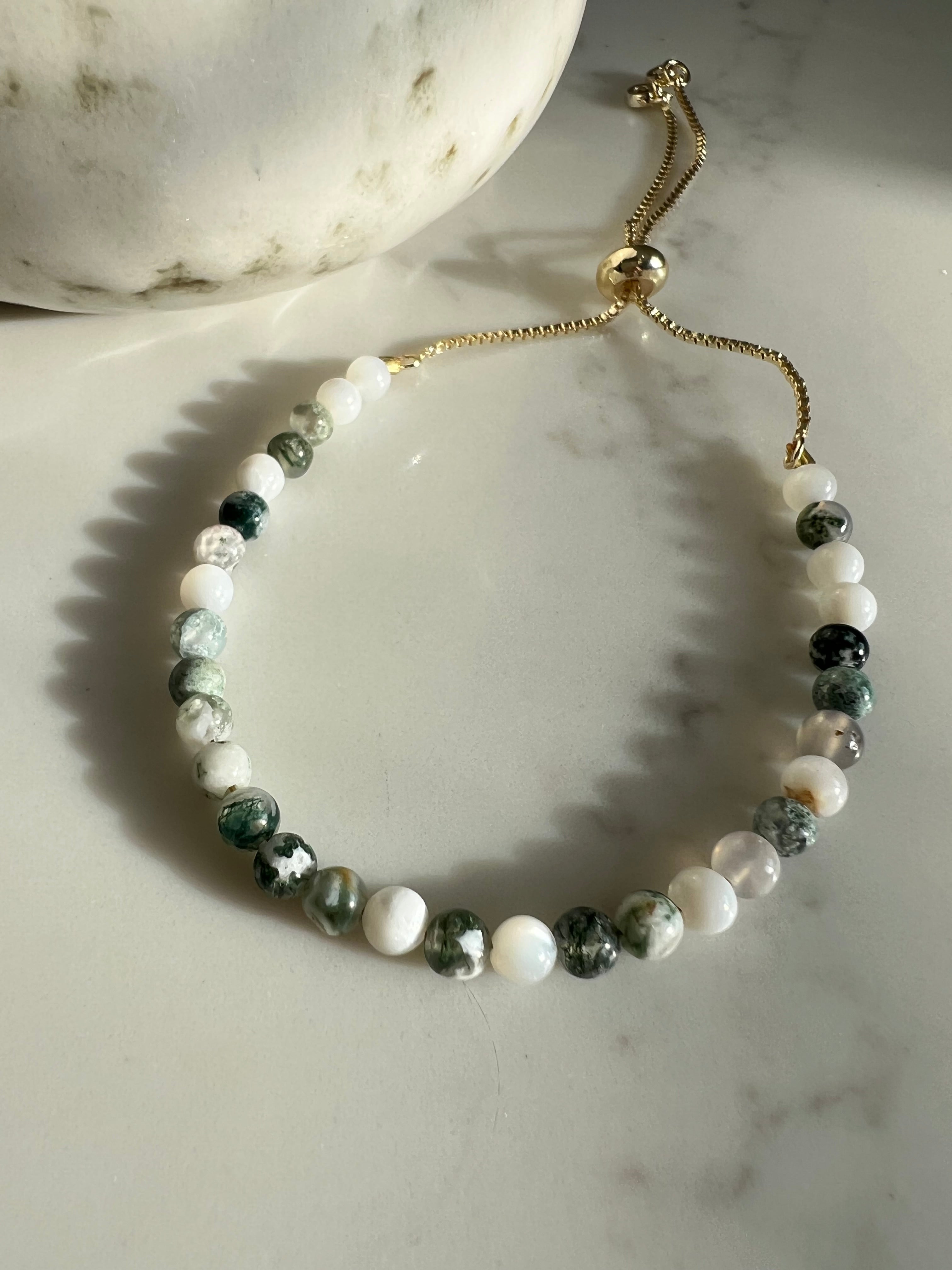 Green & White Tree Agate & Mother of Pearl Bracelet with Gold Adjustable Slider Fastening