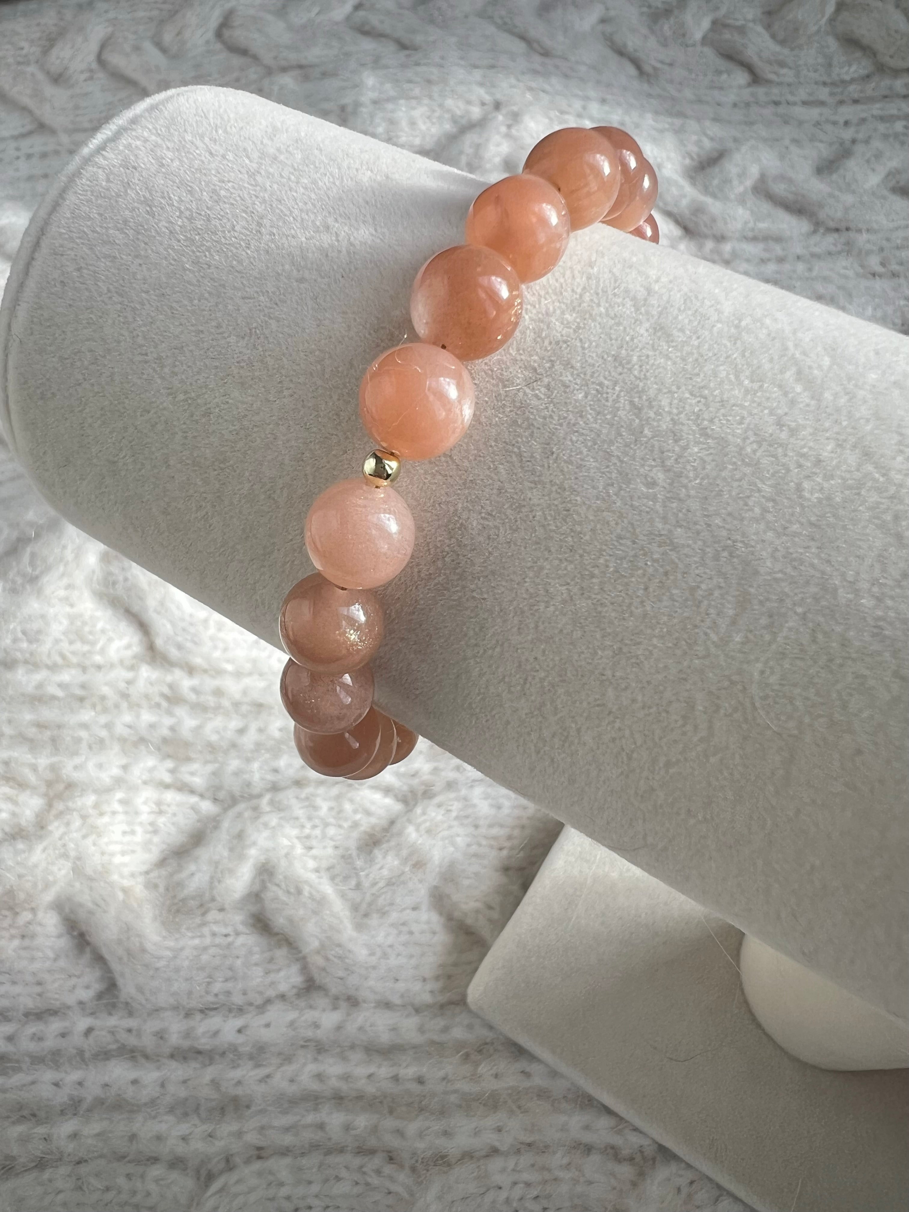 Peach Sunstone Bracelet with Gold Beads & Adjustable Slider Fastening