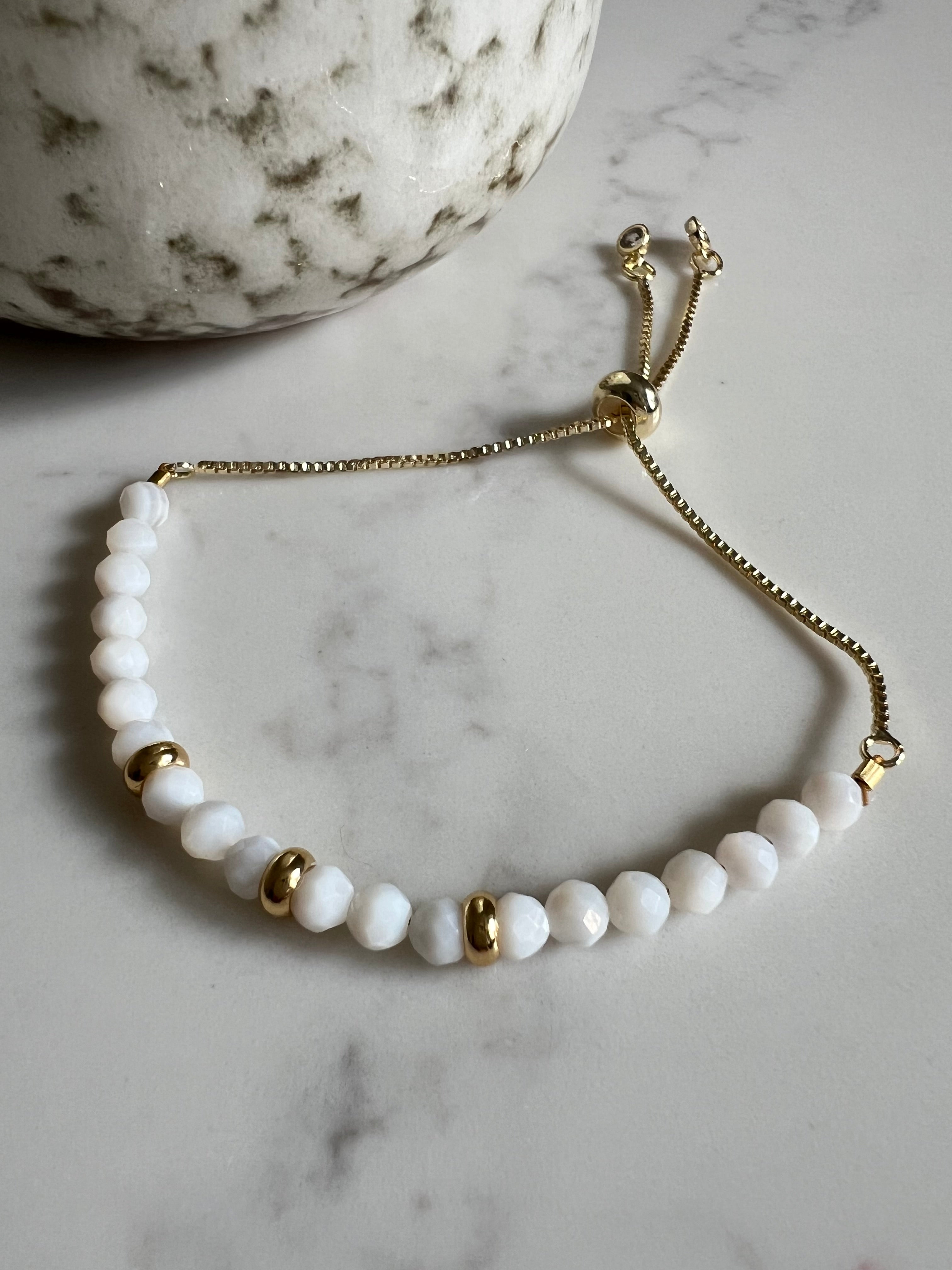 Mother of Pearl Bracelet with Gold  Beads and Adjustable Slider Fastening