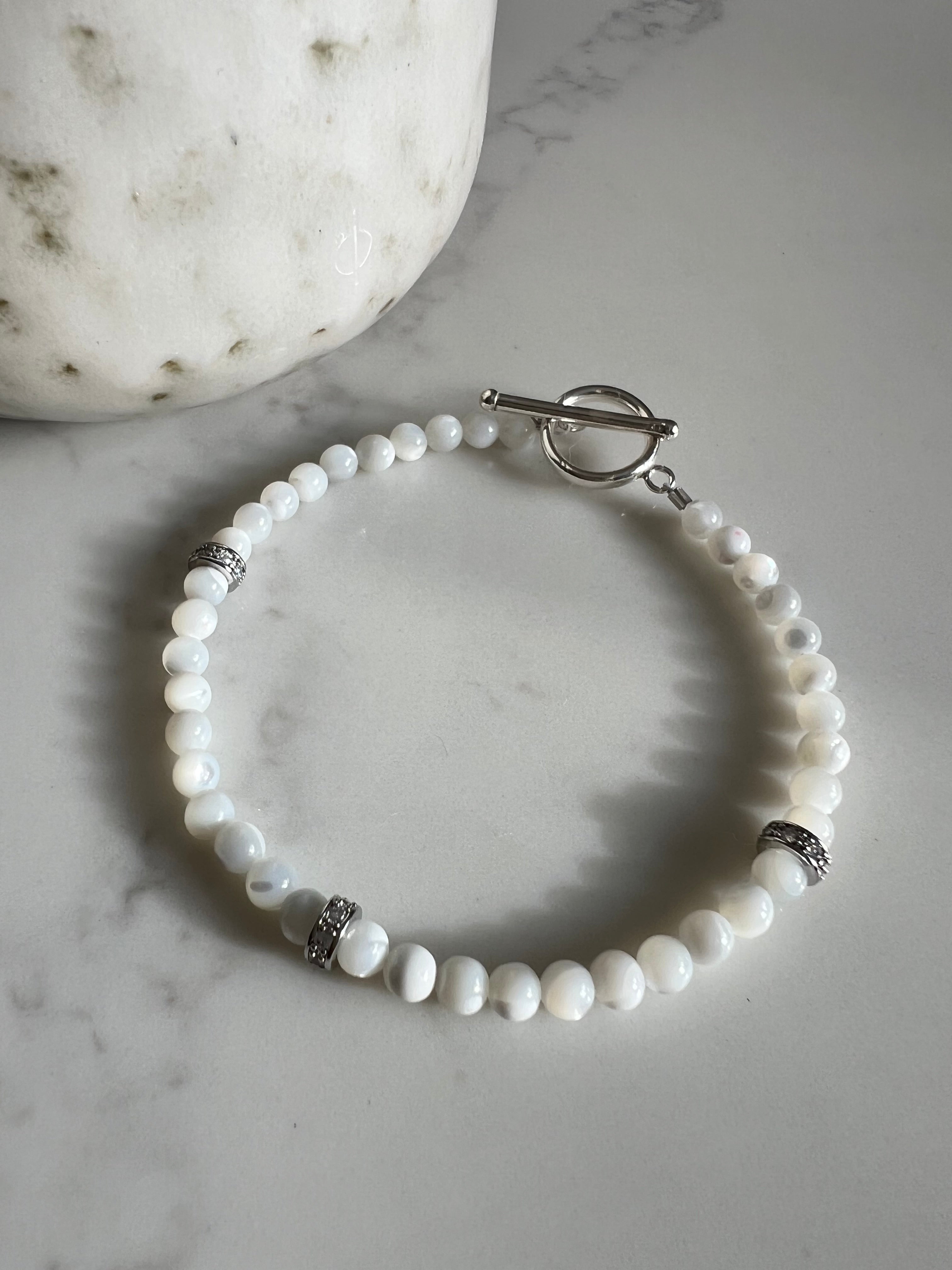 Mother of Pearl Bracelet with Sterling Silver Beads & Toggle Clasp