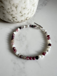 Plum Tourmaline & Mother of Pearl Bracelet with Sterling Silver Beads & Toggle Clasp