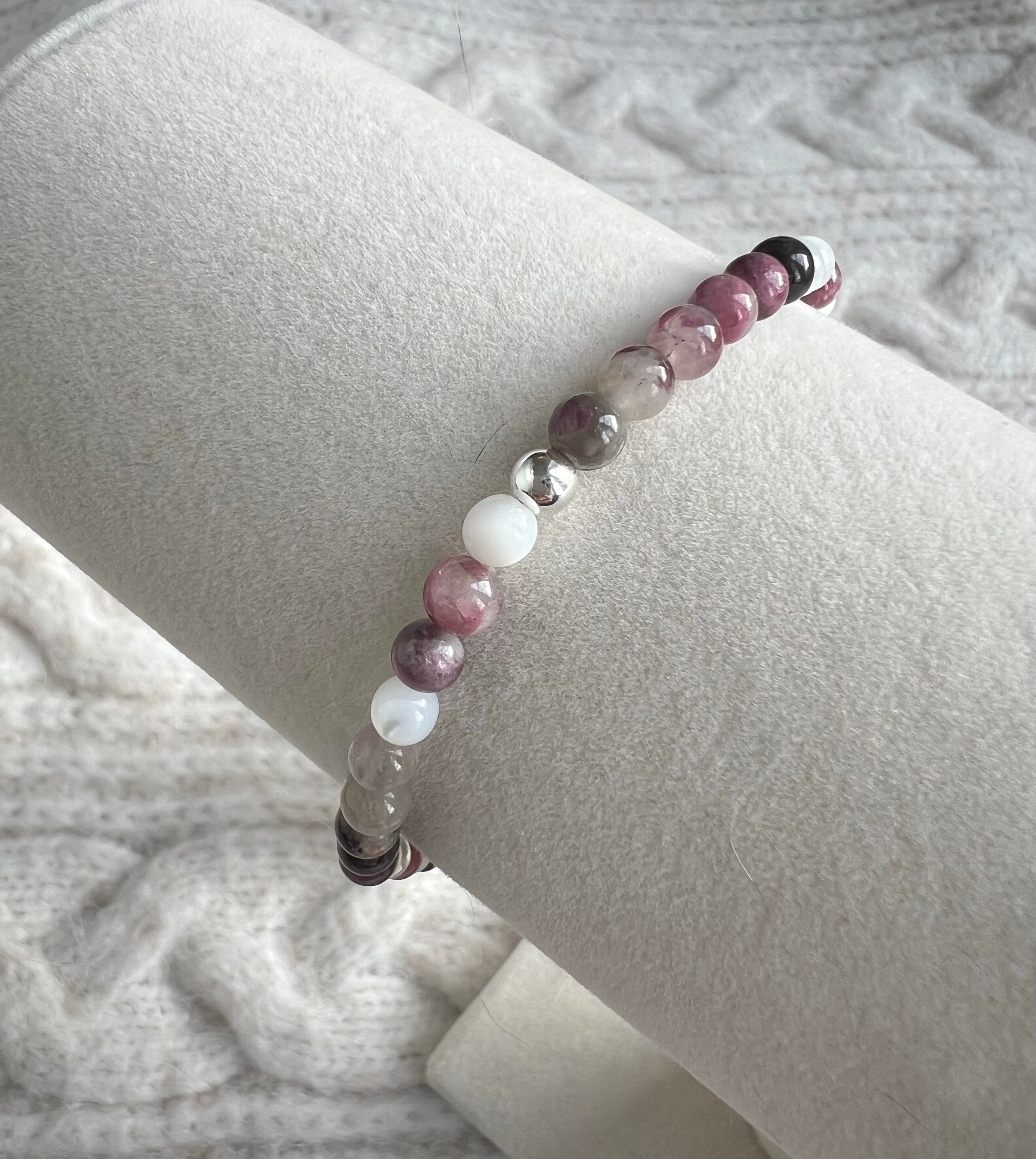 Plum Tourmaline & Mother of Pearl Bracelet with Sterling Silver Beads & Toggle Clasp