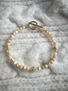 Brown Mother of Pearl Bracelet with Gold Beads & Toggle Clasp