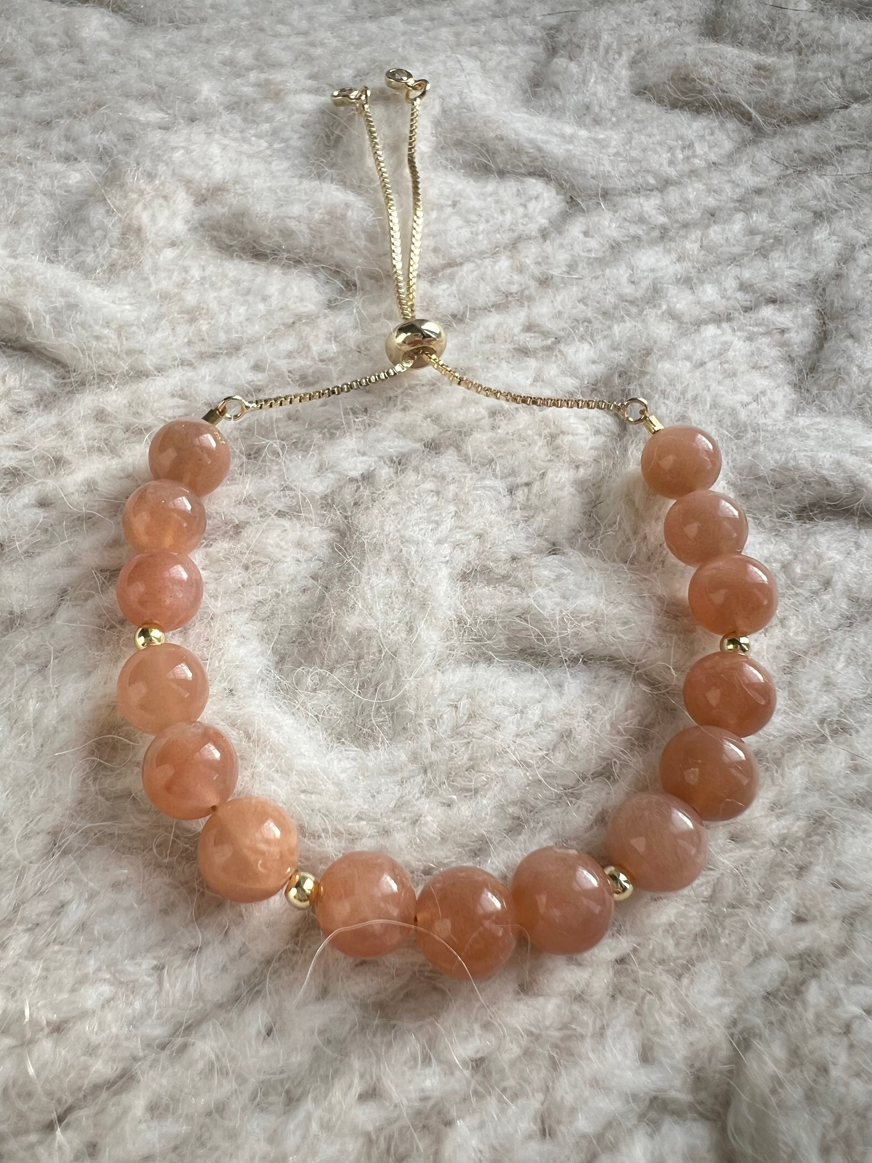 Peach Sunstone Bracelet with Gold Beads & Adjustable Slider Fastening