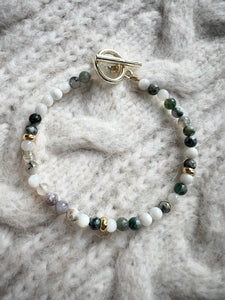 Green & White Tree Agate & Mother of Pearl Bracelet with Gold Toggle Clasp