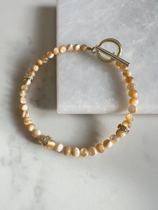 Brown Mother of Pearl Bracelet with Gold Beads & Toggle Clasp