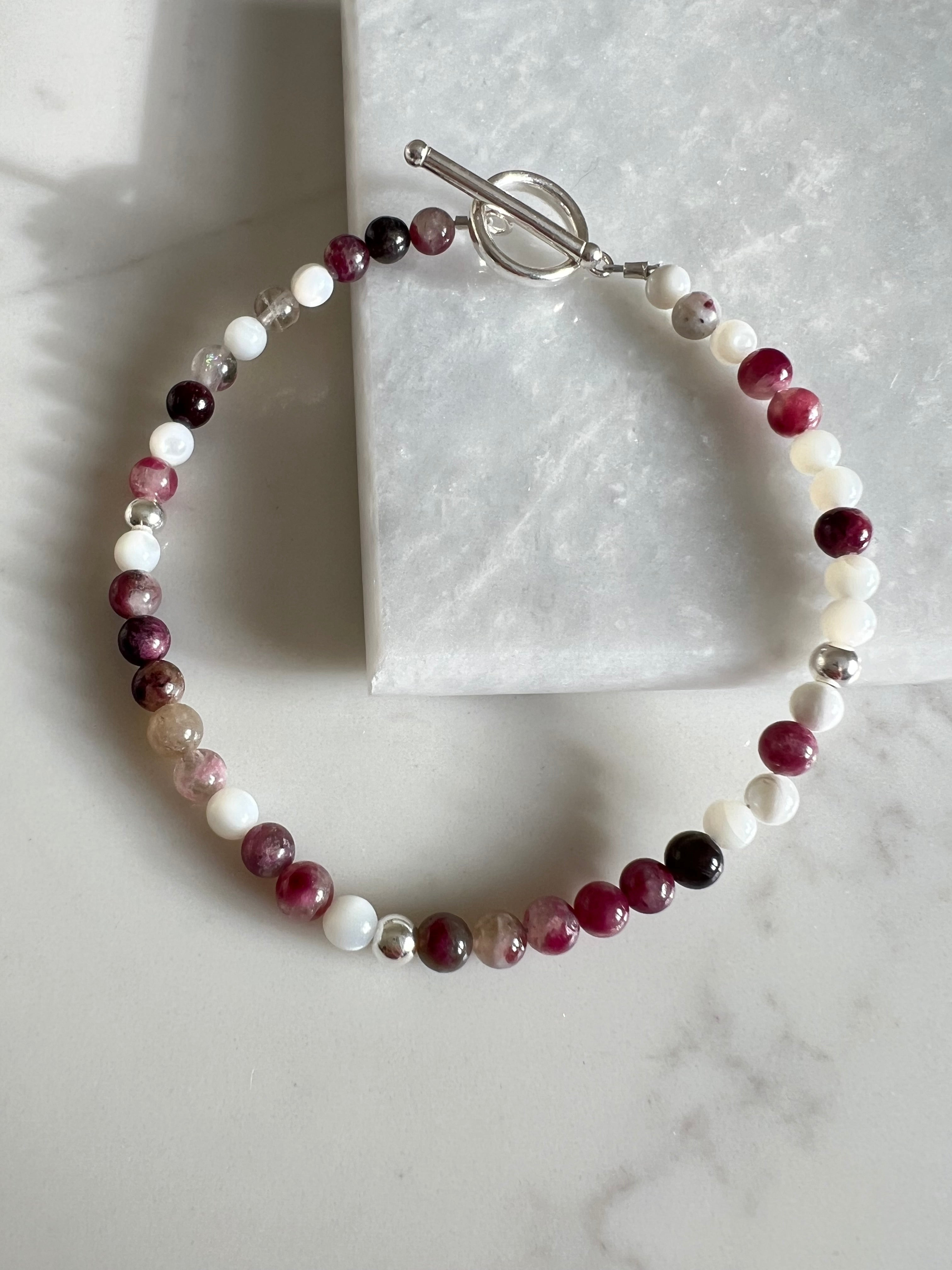 Plum Tourmaline & Mother of Pearl Bracelet with Sterling Silver Beads & Toggle Clasp