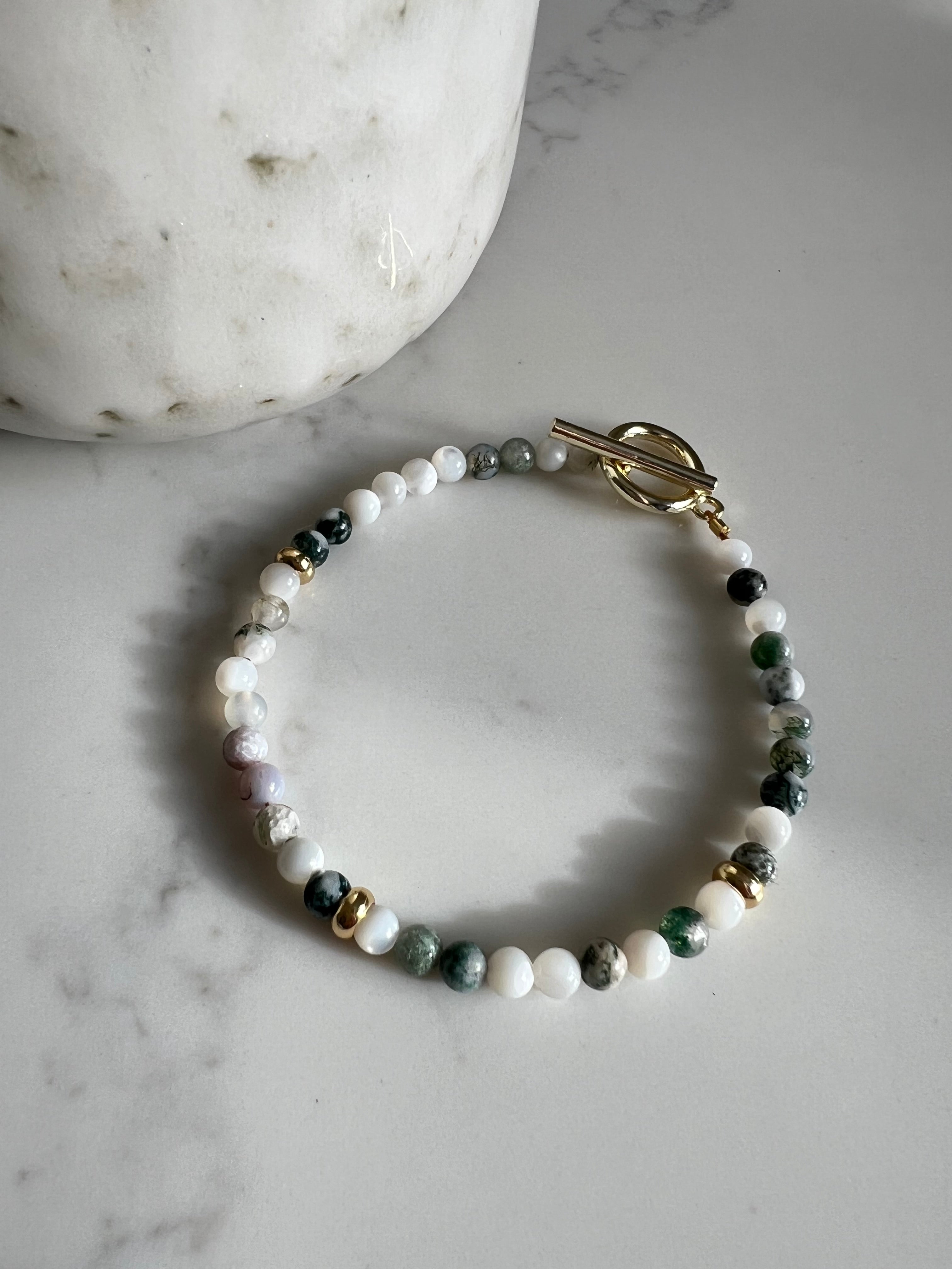 Green & White Tree Agate & Mother of Pearl Bracelet with Gold Toggle Clasp