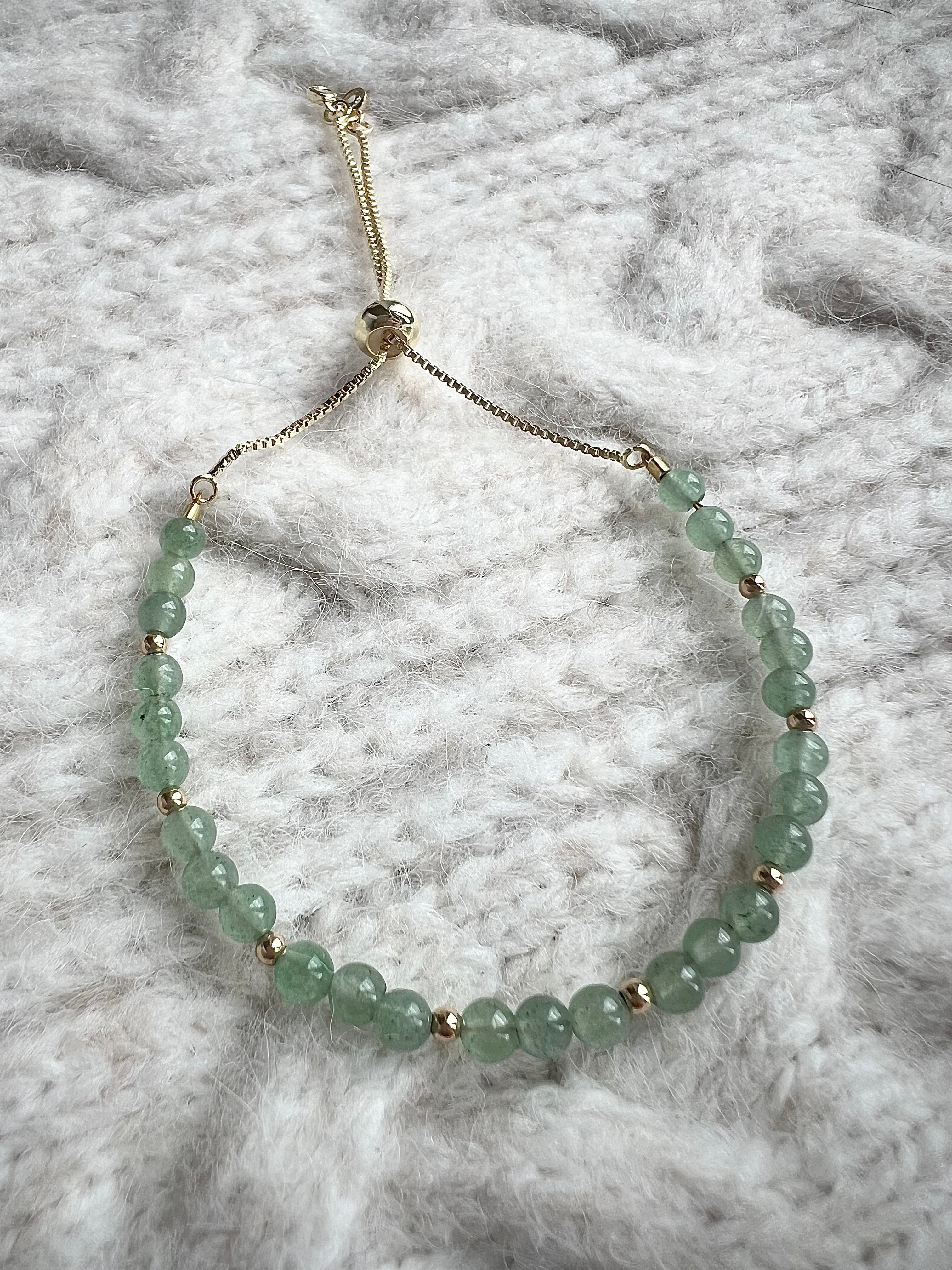 Green Aventurine Bracelet with Gold Beads & Adjustable Slider Fastening