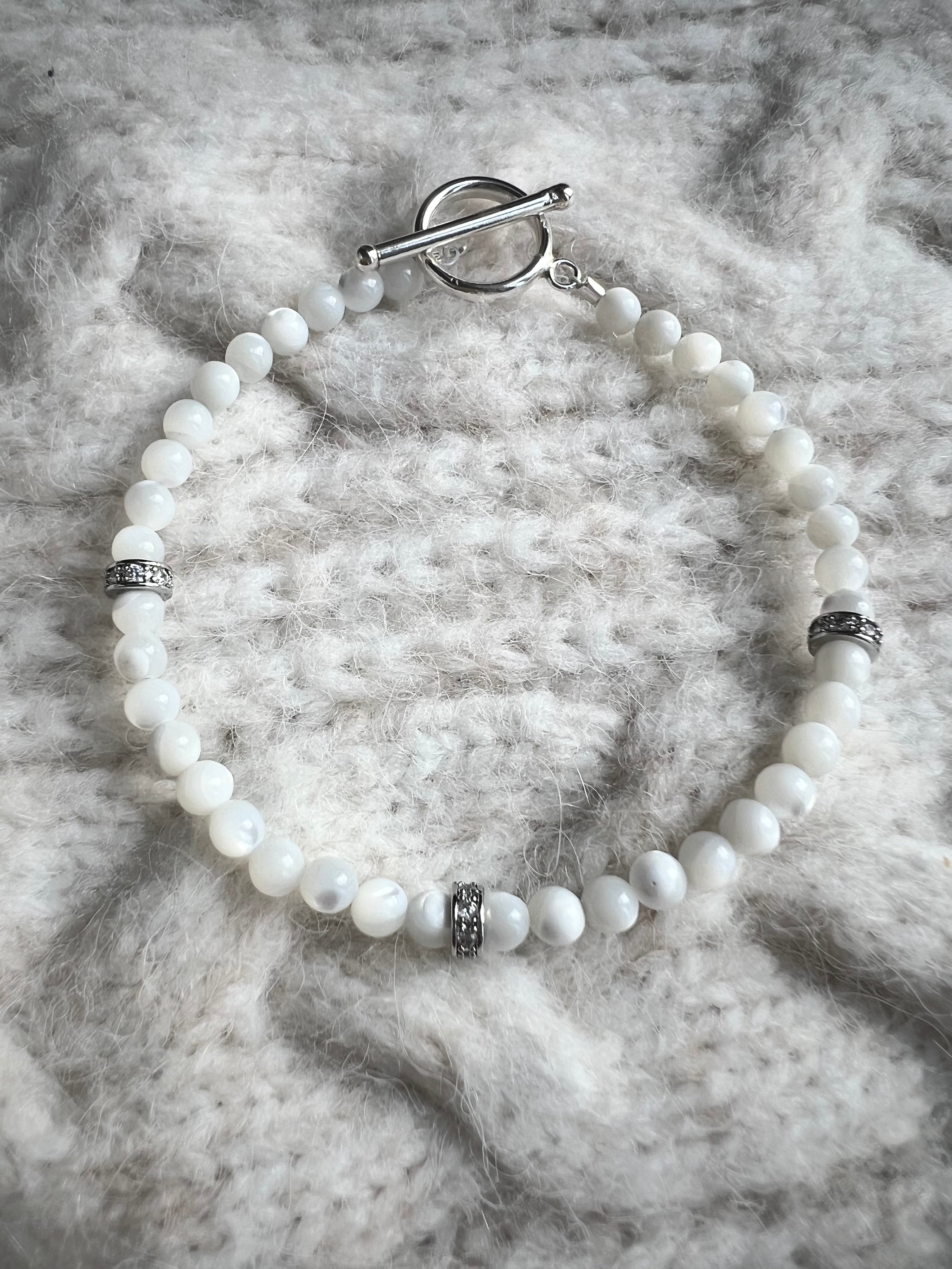 Mother of Pearl Bracelet with Sterling Silver Beads & Toggle Clasp