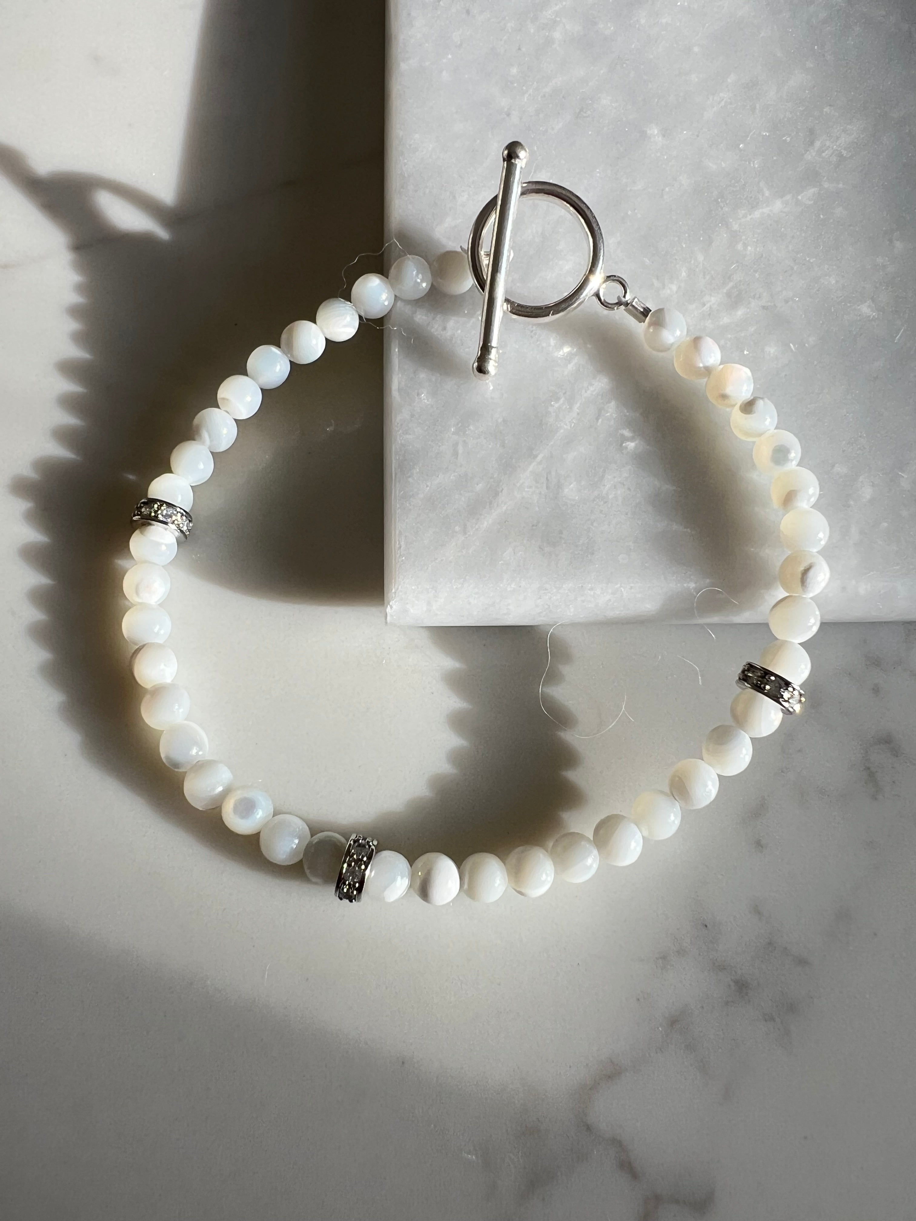 Mother of Pearl Bracelet with Sterling Silver Beads & Toggle Clasp