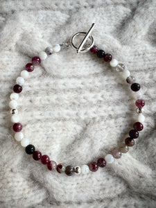 Plum Tourmaline & Mother of Pearl Bracelet with Sterling Silver Beads & Toggle Clasp