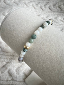 Green & White Tree Agate & Mother of Pearl Bracelet with Gold Toggle Clasp