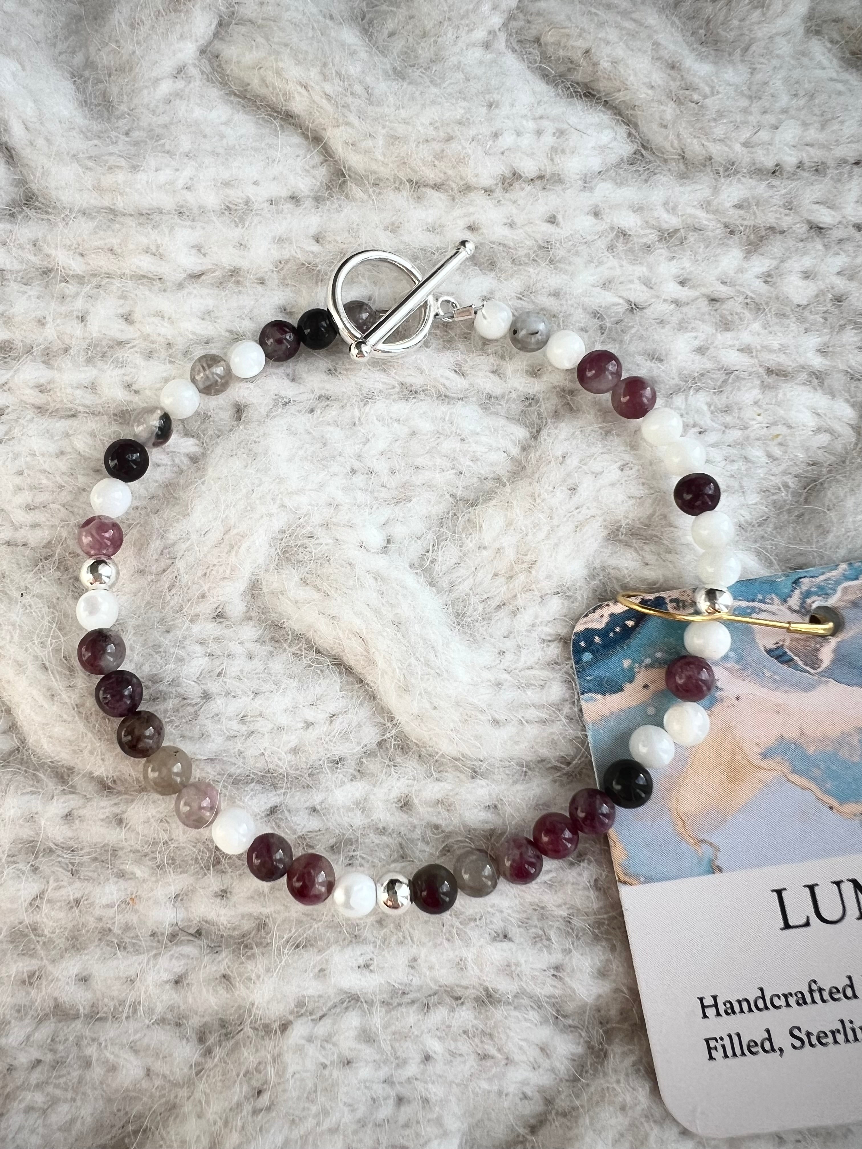 Plum Tourmaline & Mother of Pearl Bracelet with Sterling Silver Beads & Toggle Clasp