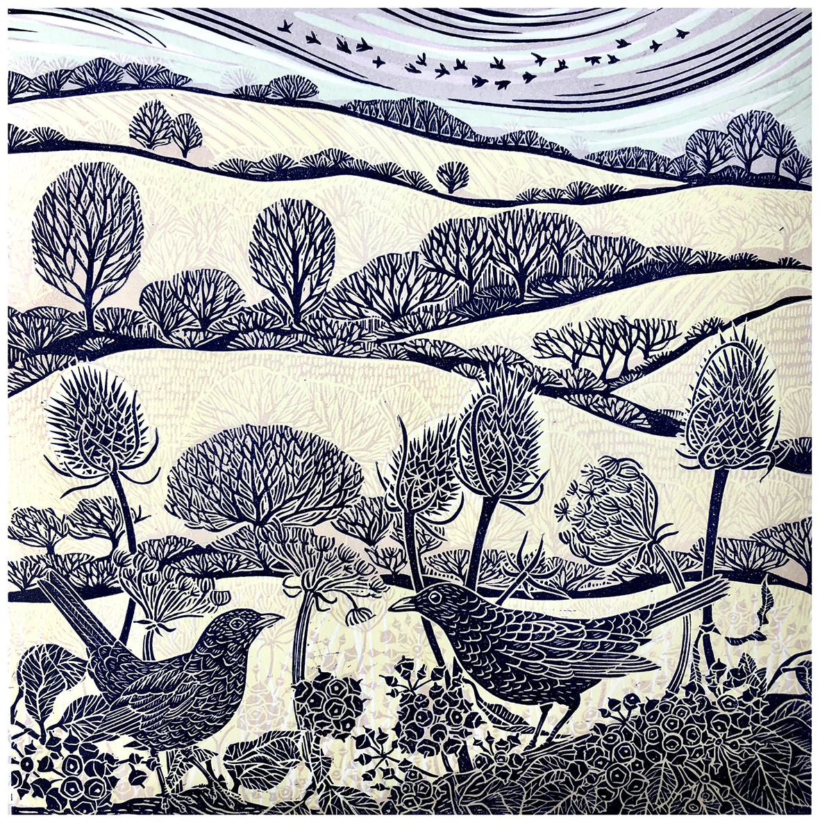 Claire Armitage, Blackbird Fields Of Gold Limited edition Lino Print