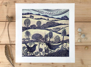 Claire Armitage, Blackbird Fields Of Gold Limited edition Lino Print