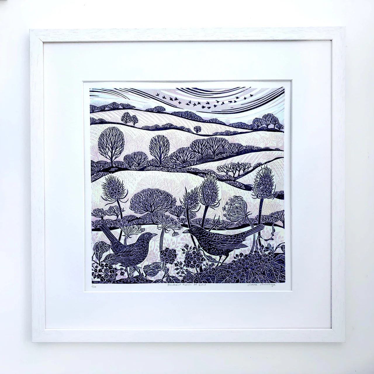 Claire Armitage, Blackbird Fields Of Gold Limited edition Lino Print