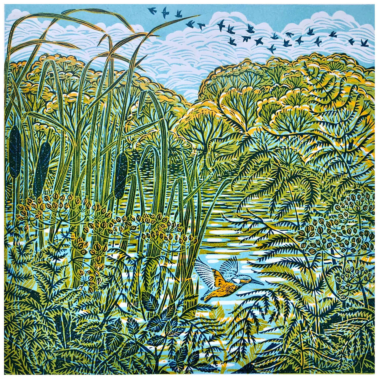 Claire Armitage, Framed Gilded Blue Limited edition Lino Print